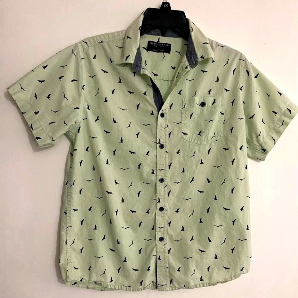 Eighth Avenue New York Button-Up, Short Sleeve Green Shirt w/Geese BOYS 14-16